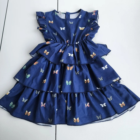 Shein Girls Dress Butterfly Ruffle Sleeve Layered Blue Print Sz 6 years 6Y - Picture 1 of 7